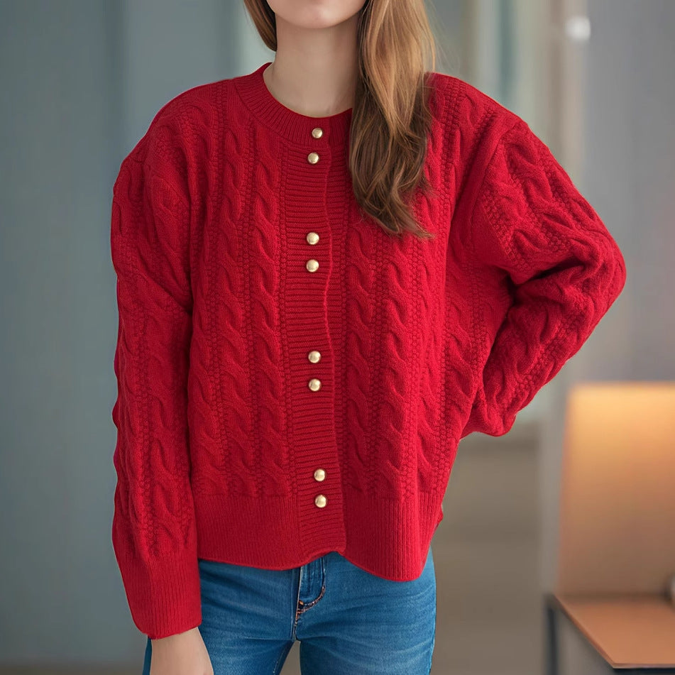 Damen Strickjacke Zopfmuster Perlenknöpfe Eveloria