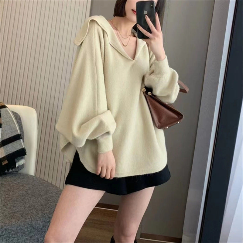 Damen Strickpullover Oversized V-Ausschnitt Kapuze Eveloria
