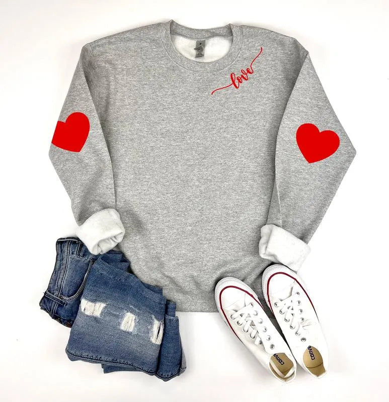 Damen Sweatshirt Herzen-Design Lässiger Schnitt Grau