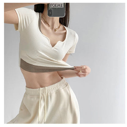 Damen Cropped V-Ausschnitt Textur