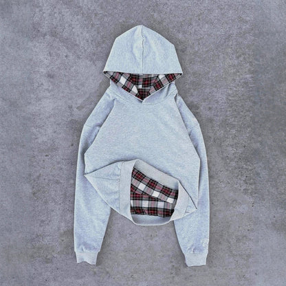 Damen Kapuzenpullover Gesteppt Kontrastkaromuster Schwarz - Eveloria