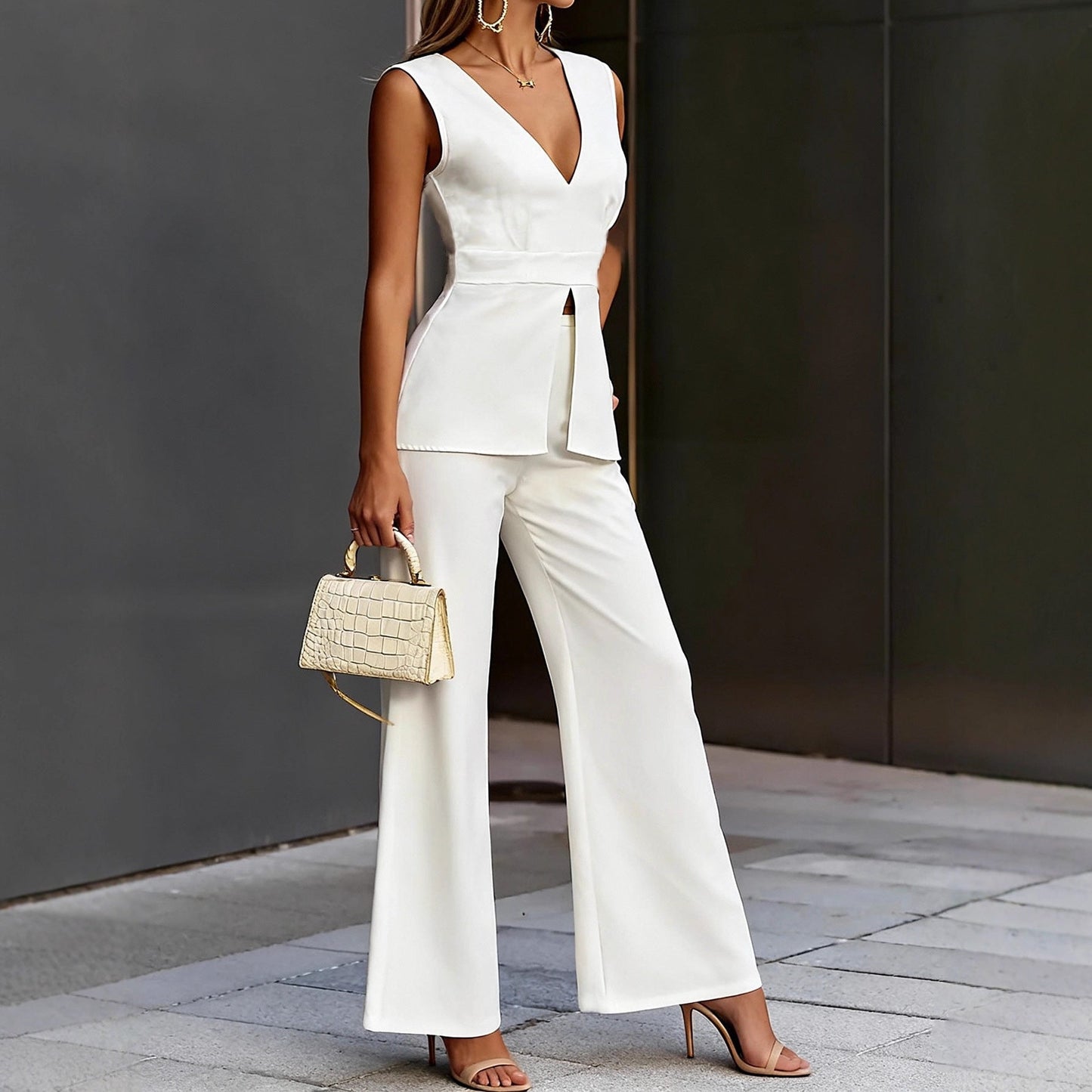 Damen Jumpsuit Tailliert V-Ausschnitt Eveloria