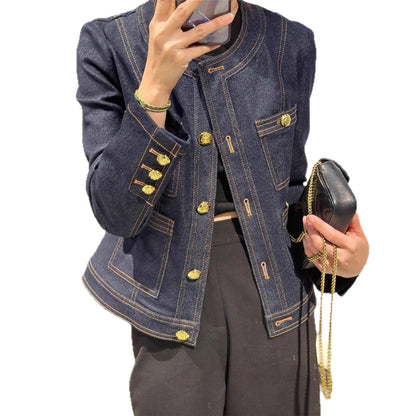 Damen Denimjacke Goldene Knöpfe Blau Eveloria