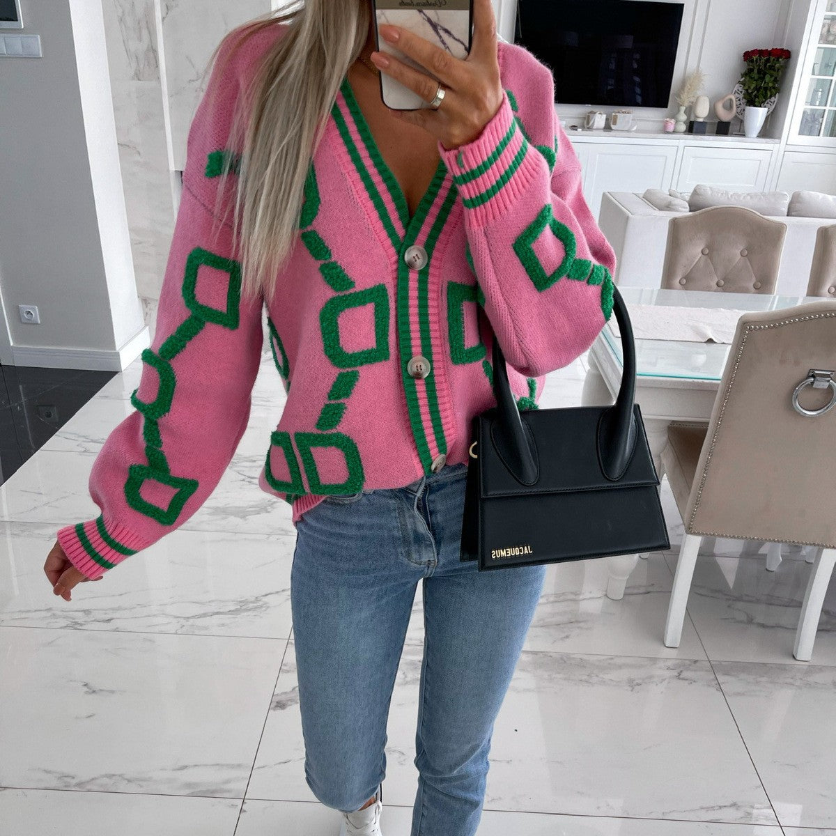 Damen Cardigan Geometrisches Muster Knopfleiste Anthrazit