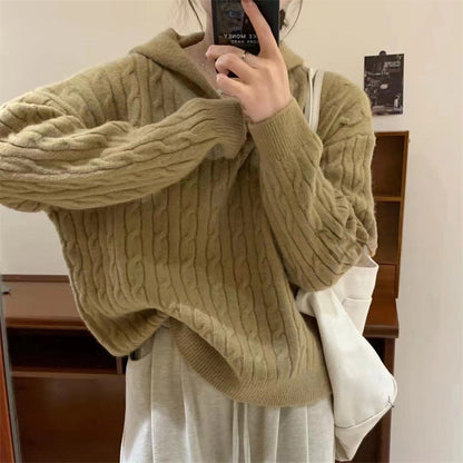 Damen Strickpullover Kapuze Zopfmuster Kuschelig Grau Eveloria