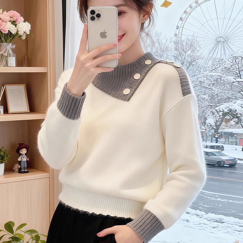 Damen Pullover Piqué mit Knöpfen Eveloria