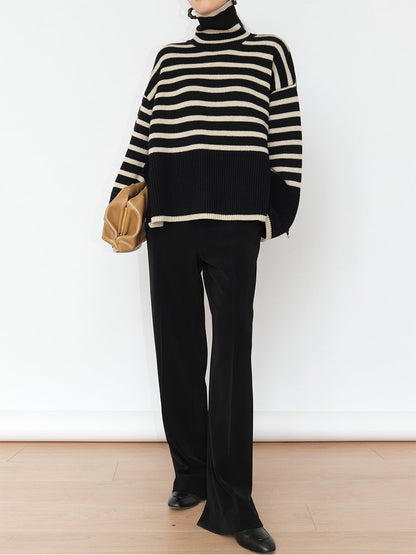 Damen Rollkragenpullover Grobgestrickt Maritimes Streifenmuster Beige