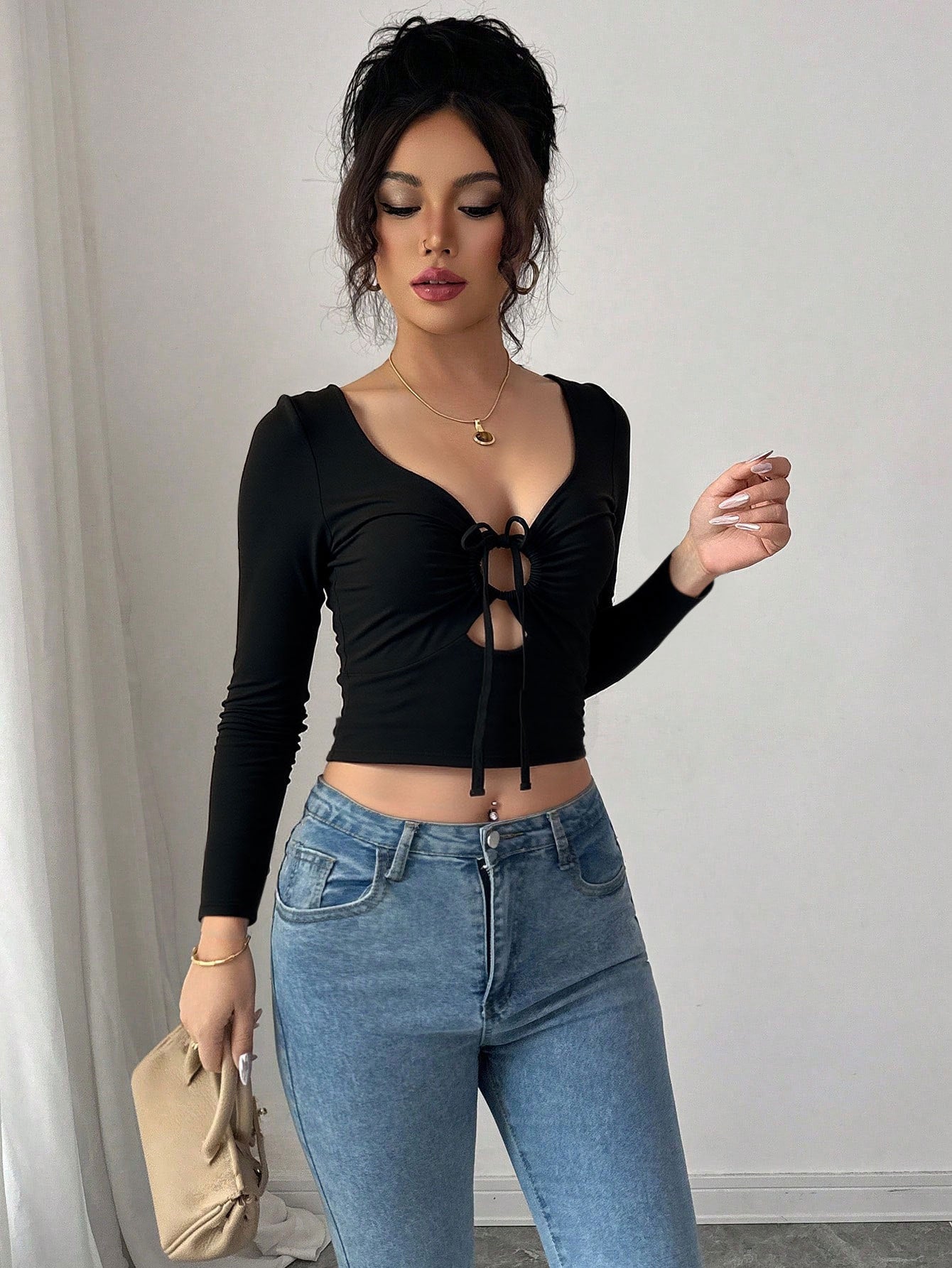 Damen Crop- mit Zierknoten Langarm Eveloria