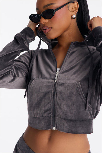 Damen Cropped Kapuzenjacke Baumwolle Reißverschluss