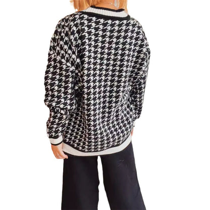 Damen Strickjacke Hahnentrittmuster Dekorative Knöpfe Eveloria