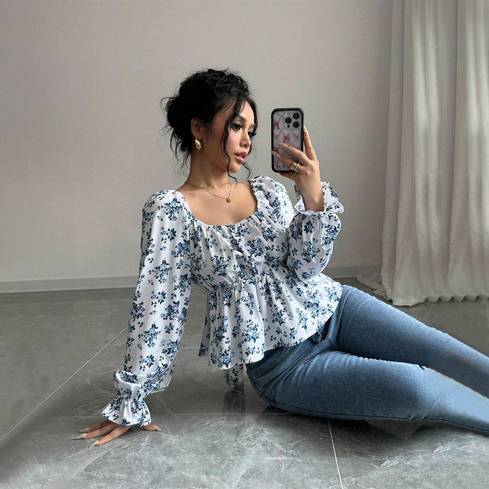 Damen Bluse Floralmuster Voluminöse Ärmel Eveloria