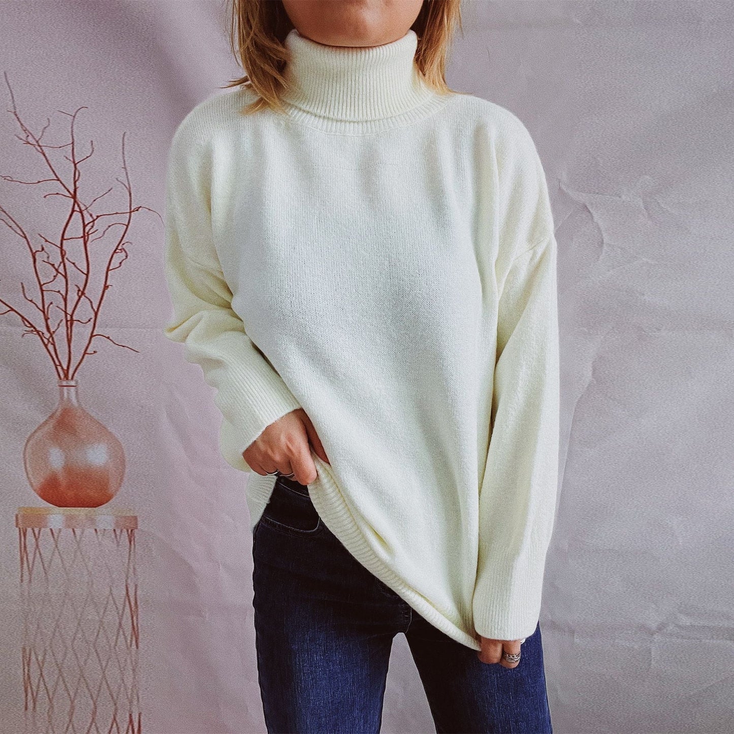 Damen Grobstrickpullover Hoher Kragen Locker Damen Pullover