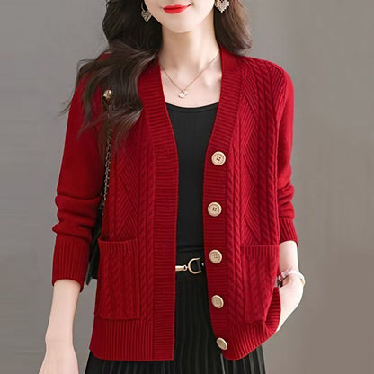 Damen Strickjacke V-Ausschnitt Taschen Eveloria - Eveloria