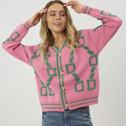 Damen Strickjacke Bunt Geometrisches Muster Knöpfe Eveloria - Eveloria