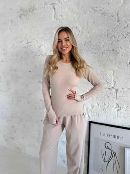 Damen Lounge-Anzug Atmungsaktiver Baumwollmix Beige