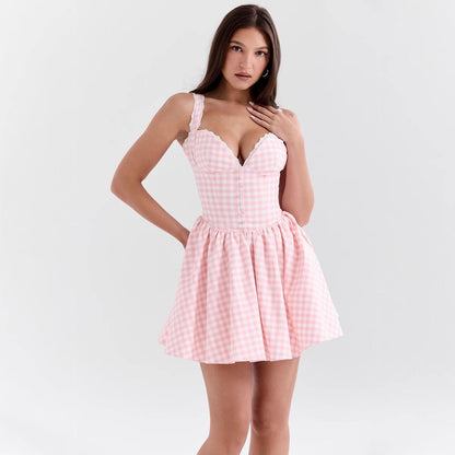 Damen Minikleid V-Schnitt Rüschen Karomuster Eveloria