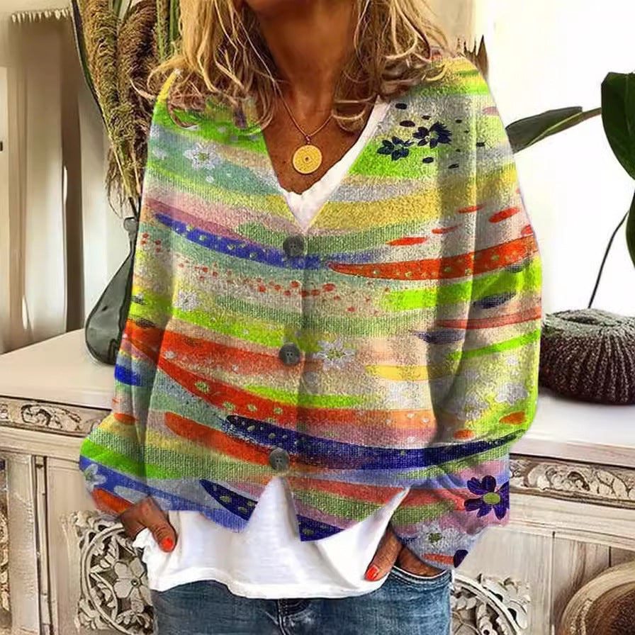 Damen Strickcardigan Bunt Streifen Knöpfe