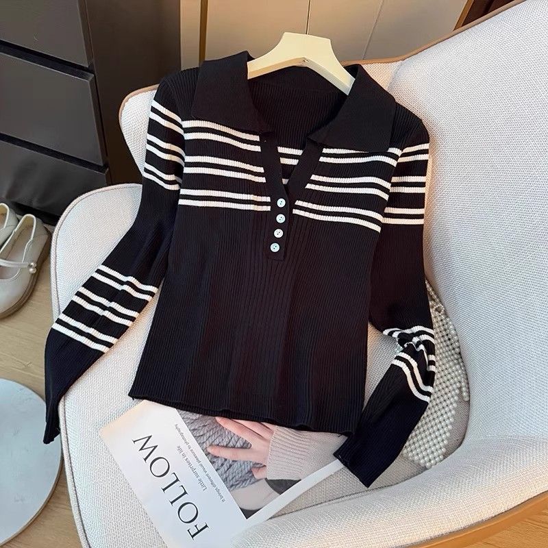 Damen Pullover Streifen Knopfleiste Klassischer Kragen - Eveloria