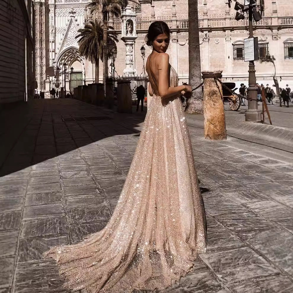 Damen Abendkleid V-Ausschnitt Pailletten Eveloria