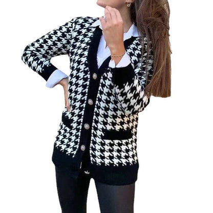 Damen Strickcardigan Hahnentrittmuster Große Knöpfe