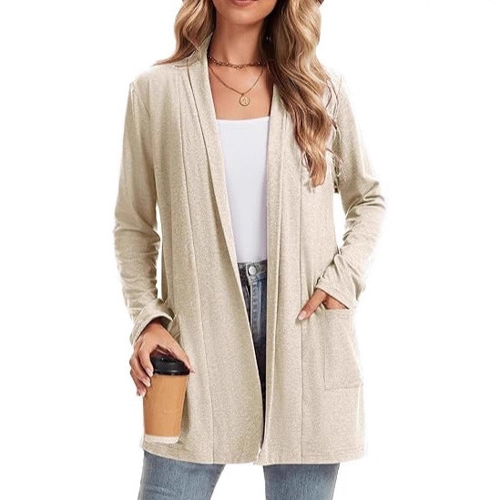 Damen Langarm-Cardigan Offene Front Taschen Beige - Eveloria