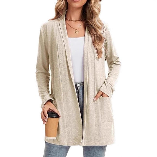 Damen Langarm-Cardigan Offene Front Taschen Beige - Eveloria