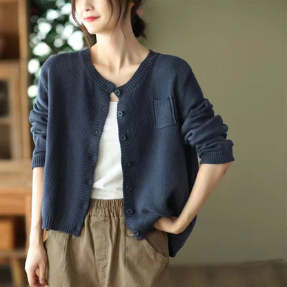 Damen Strickcardigan Leicht Knopfverschluss Taschen Beige