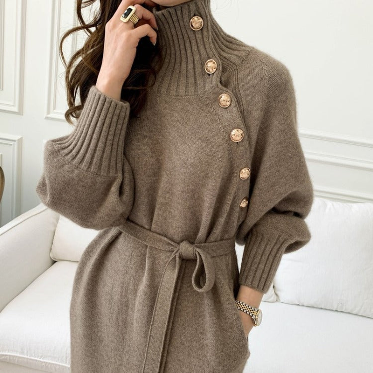 Damen Strickkleid mit Knöpfen und Taillengürtel