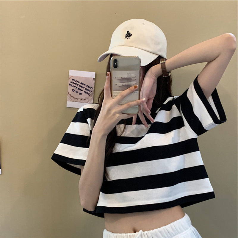 Damen T-Shirt Streifenmuster Lässig Cropped Baumwolle Weiß - Eveloria
