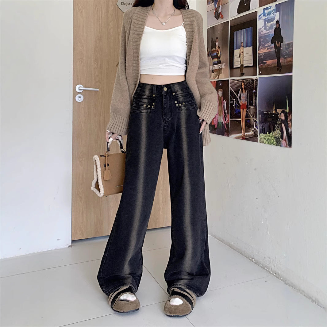 Damen Weite Jeans mit Knopfdesign Schwarz Eveloria - Eveloria