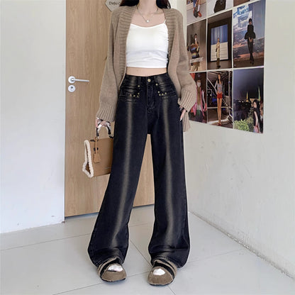 Damen Weite Jeans mit Knopfdesign Schwarz Eveloria - Eveloria