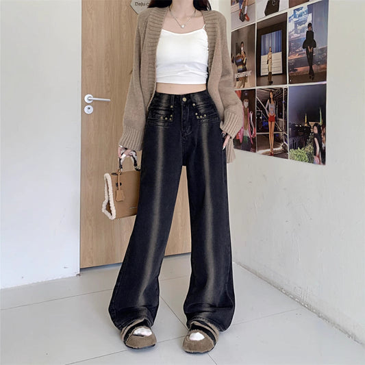 Damen Weite Jeans mit Knopfdesign Schwarz Eveloria - Eveloria