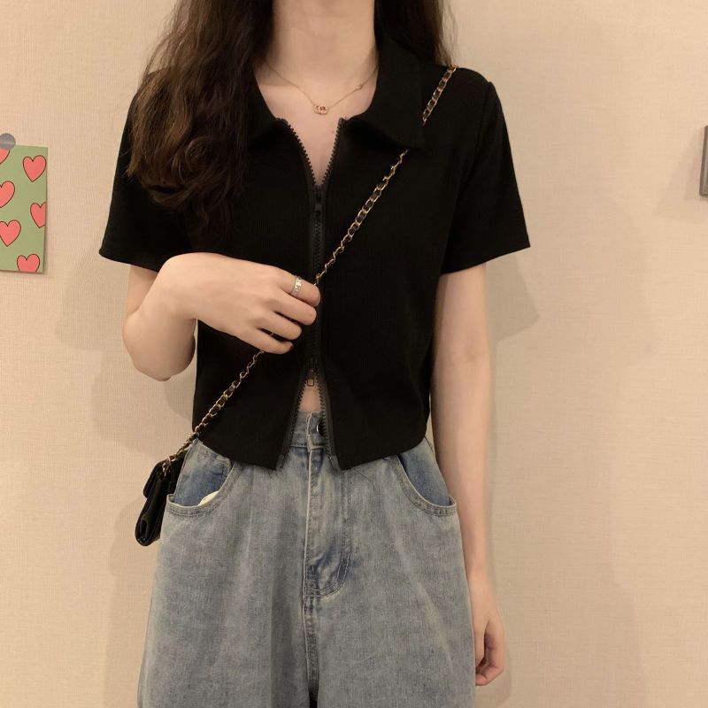 Damen Poloshirt Cropped Reißverschluss Strukturierter Stoff Eveloria