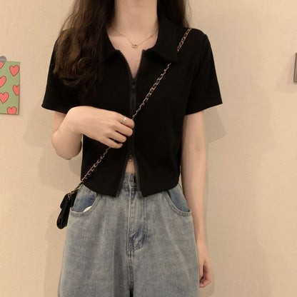 Damen Poloshirt Cropped Reißverschluss Strukturierter Stoff Eveloria