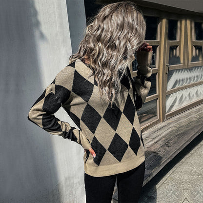 Damen Strickpullover Rautenmuster Hoher Kragen Eveloria