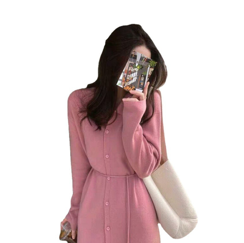 Damen Strickkleid Knielang Mit Gürtel und Knopfverschluss
