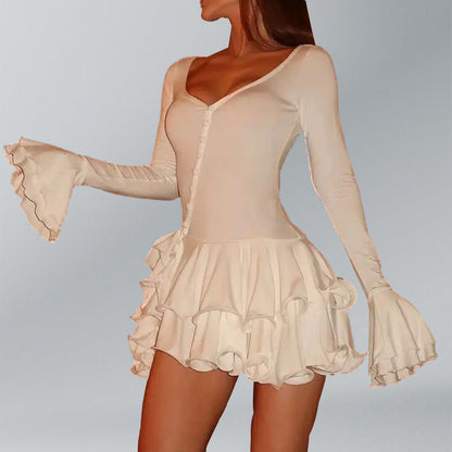 Damen Minikleid Rüschen Druckknopfverschluss Rosa - Eveloria
