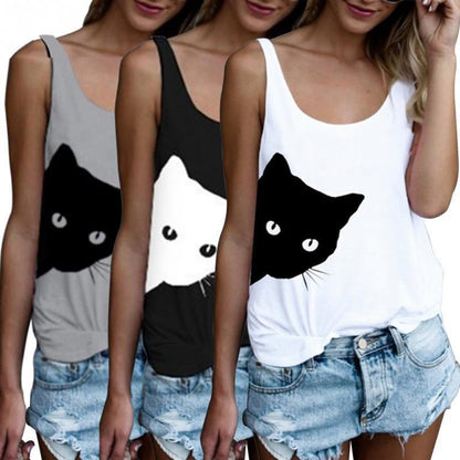 Damen Tanktop Katzenmotiv Baumwolle Lässig Weiß - Eveloria