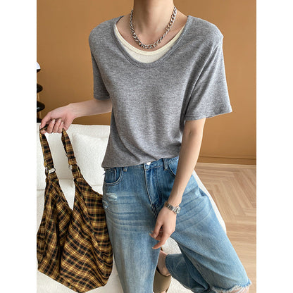 Damen Kurzarmshirt V-Ausschnitt Feine Baumwolle Weiss