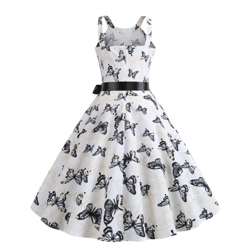 Damen Midikleid Schmetterlingsdruck Taillengürtel Eveloria