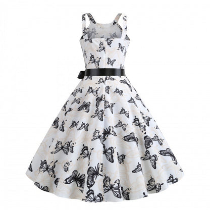 Damen Midikleid Schmetterlingsdruck Taillengürtel Eveloria