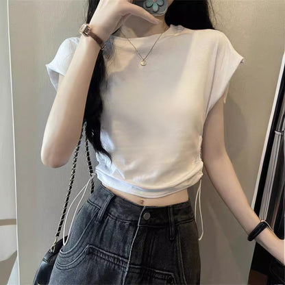 Damen T-Shirt Kurzarm mit Kordelzug und Puffärmeln