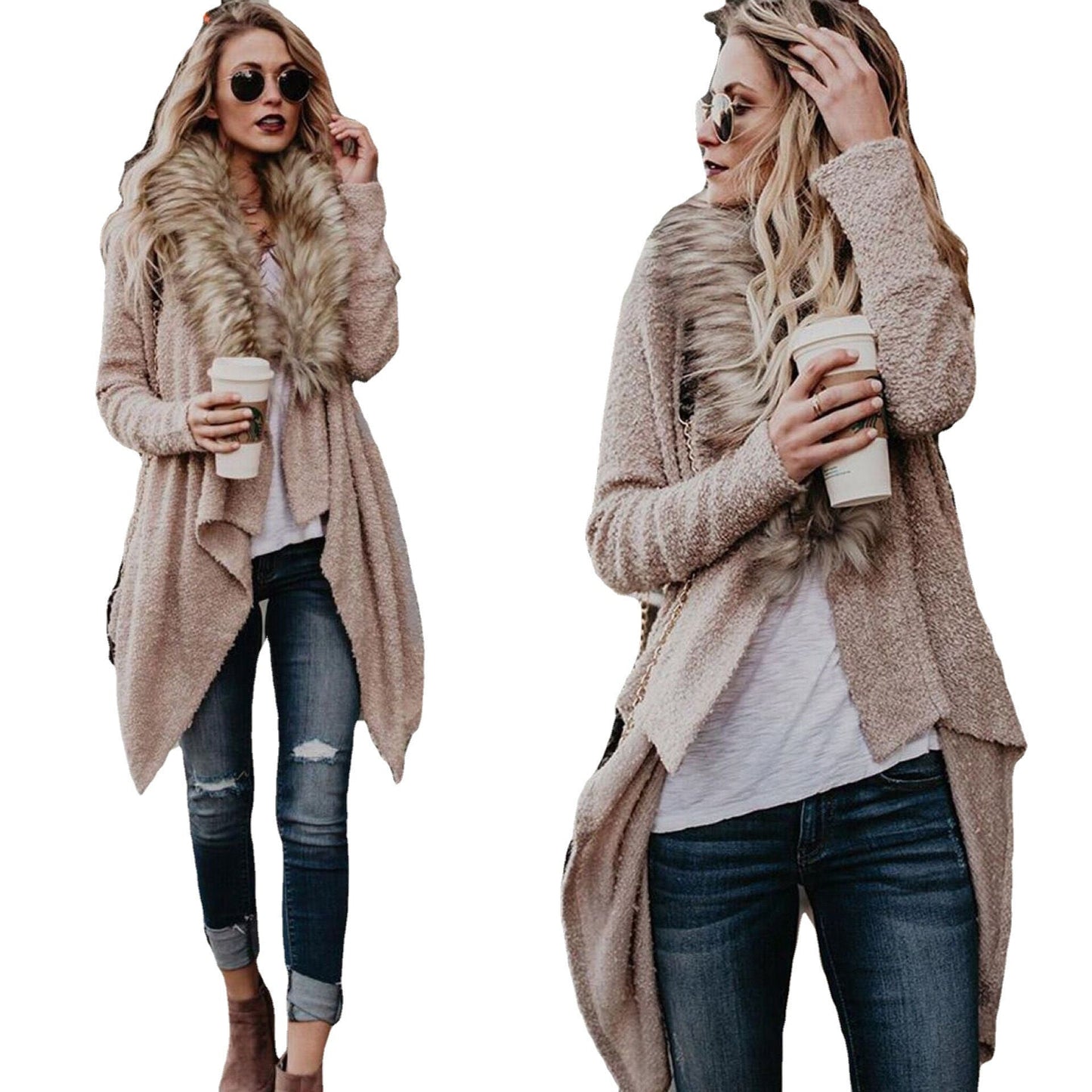 Damen Strickcardigan Flauschig Abnehmbarer Kunstfellkragen
