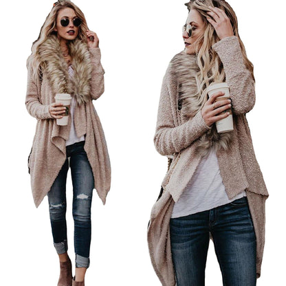 Damen Strickcardigan Flauschig Abnehmbarer Kunstfellkragen