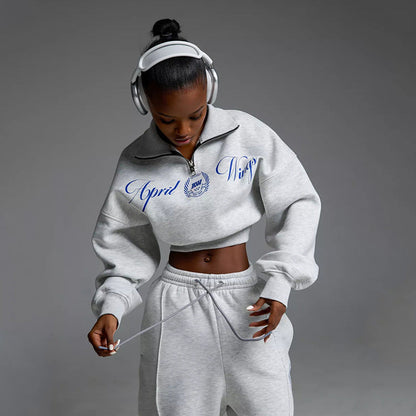 Damen Cropped Sweatshirt Hochkragen Bequem Grau Eveloria