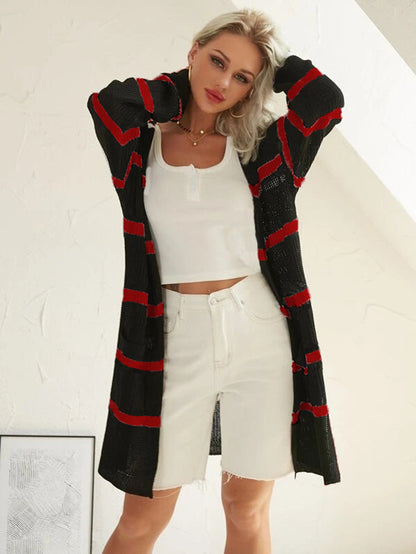 Damen Cardigan Lang Streifen Strick Weiß