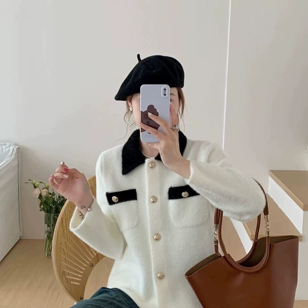 Damen Fluffy Jacke Besonderes Knopfdesign Eveloria