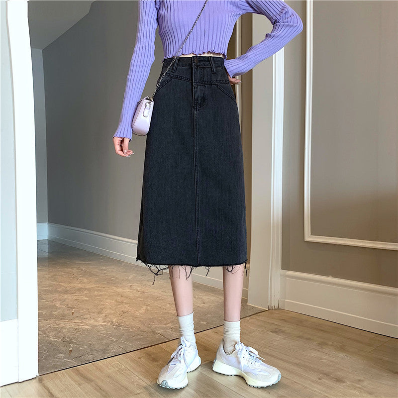 Damen Denimrock Midi unregelmäßiger Saum Blau Eveloria