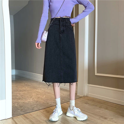 Damen Denimrock Midi unregelmäßiger Saum Blau Eveloria