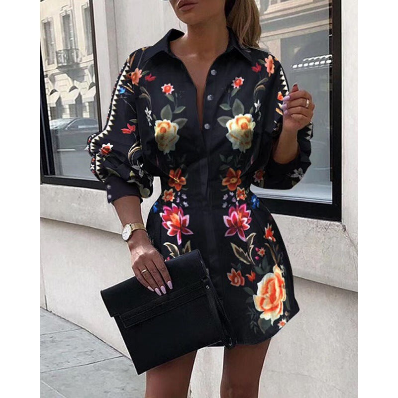 Damen Hemdblusenkleid Floralmuster Voluminöse Ärmel Eveloria - Eveloria